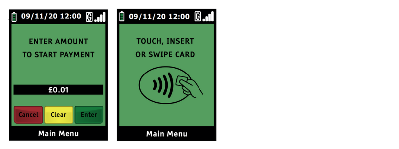 enter sale amount on terminal screen, prompt will ask to display card to initiate swipe card sale