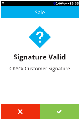 merchant receipt prints and question appears on screen for prompt if signature is valid 